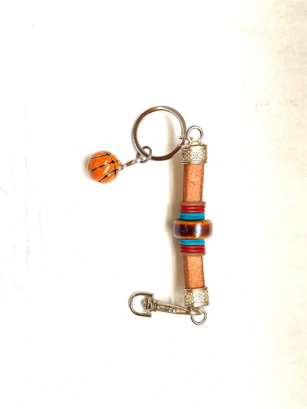 Leather Bead Keychain with Orange Basketball Charm